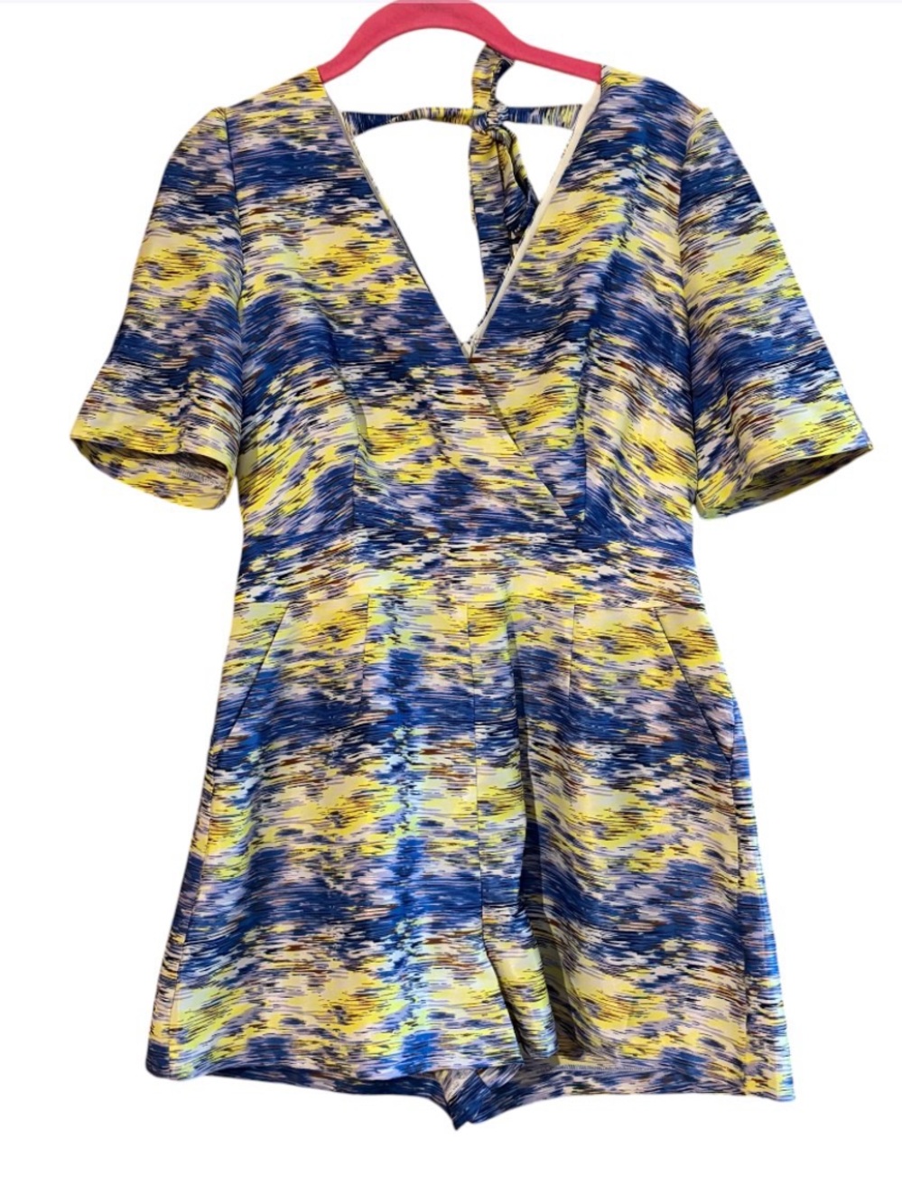 Darling London Blue Yellow Abstract Tie Back Romper Surplice V Neck Size 6